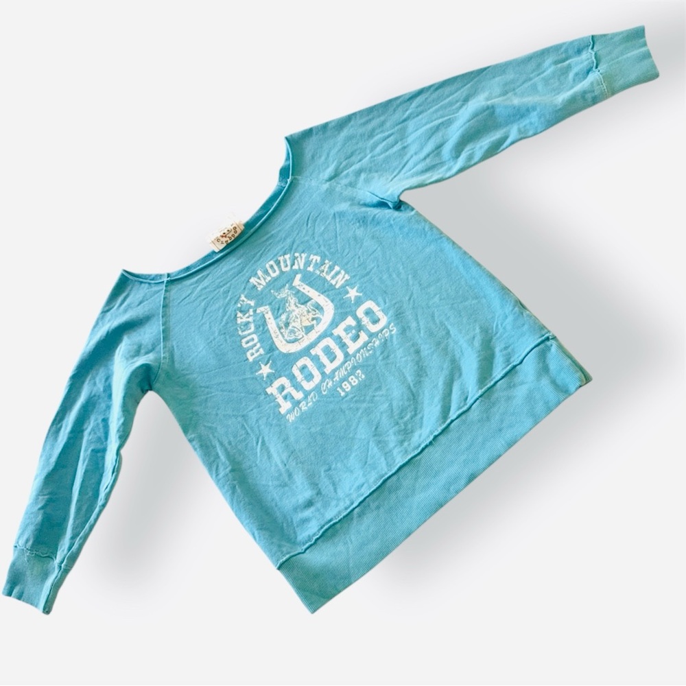 SCRAPBOOK Turquoise Rodeo Sweatshirt w Raw Hem - Picture 2 of 15